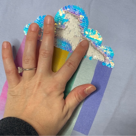 3/$12 Light Blue Girls T-shirt with Rainbow Graphic and Two Way Sequin Cloud - Picture 3 of 5